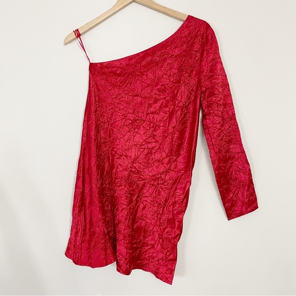 Third Form x Free People Red Crinkle Satin Running Water One Shoulder Mini dress - Picture 4 of 12